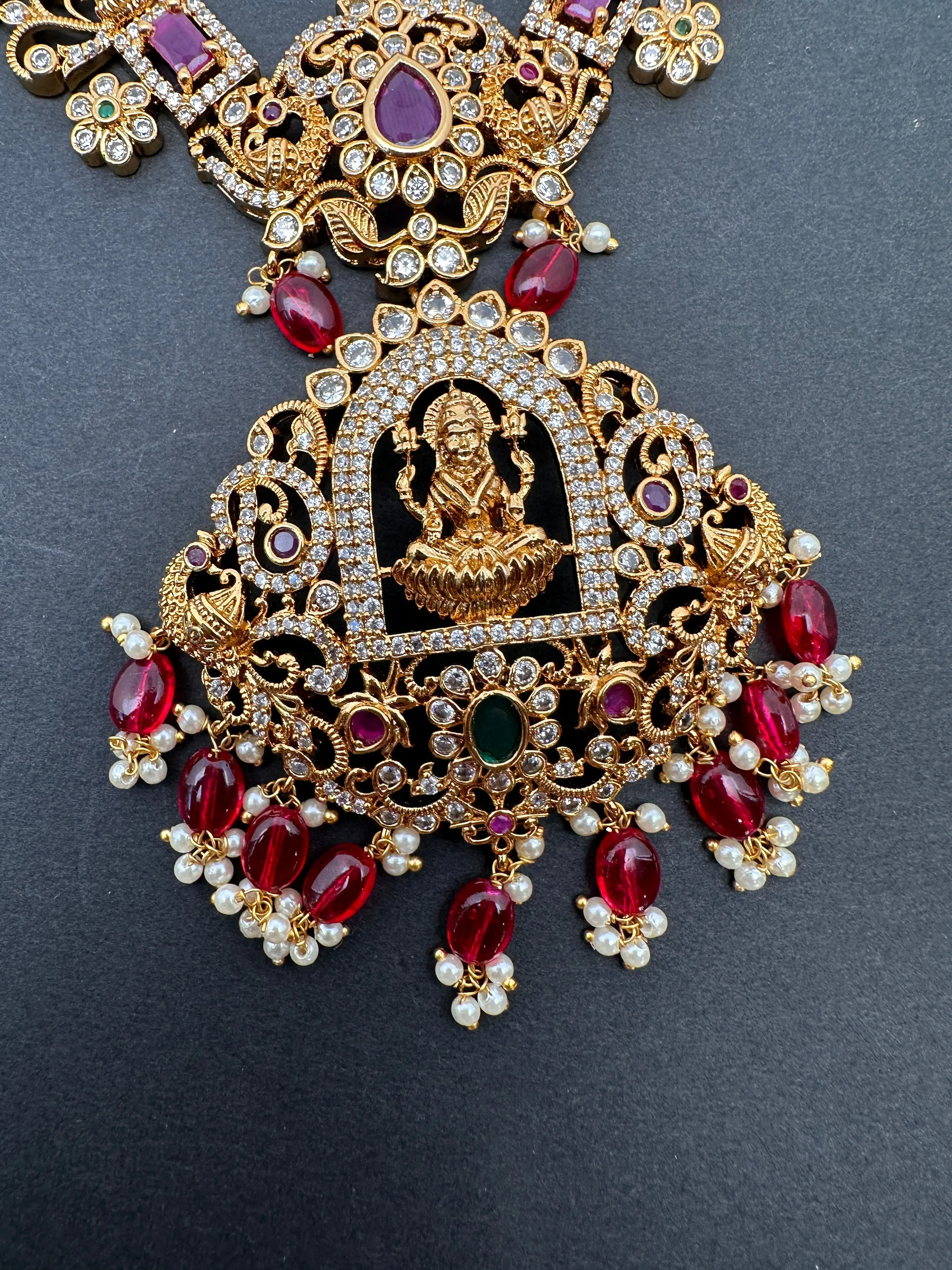 Goddess Lakshmi Red Stone Red beads CZ Matte Finish Necklace