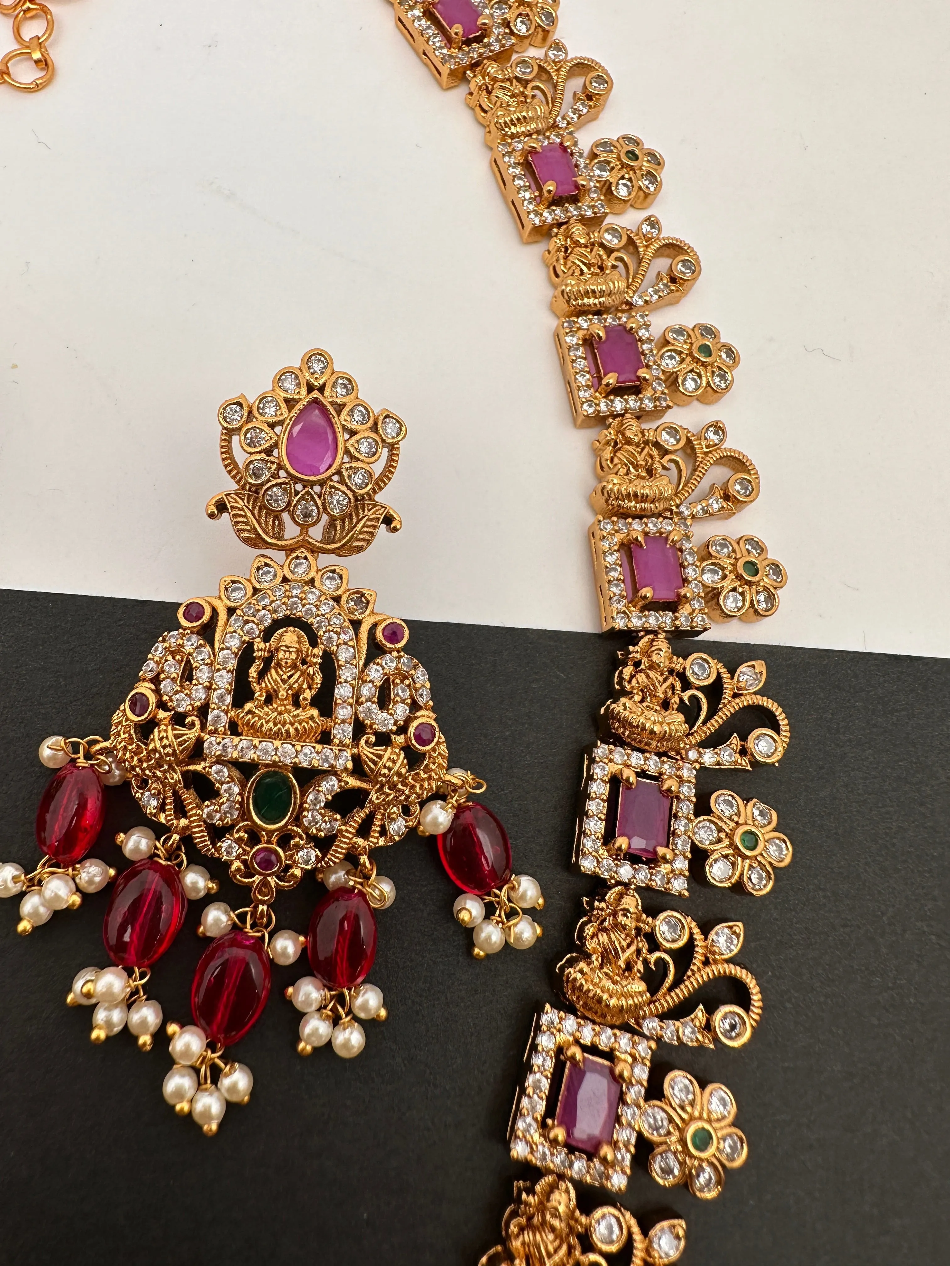Goddess Lakshmi Red Stone Red beads CZ Matte Finish Necklace
