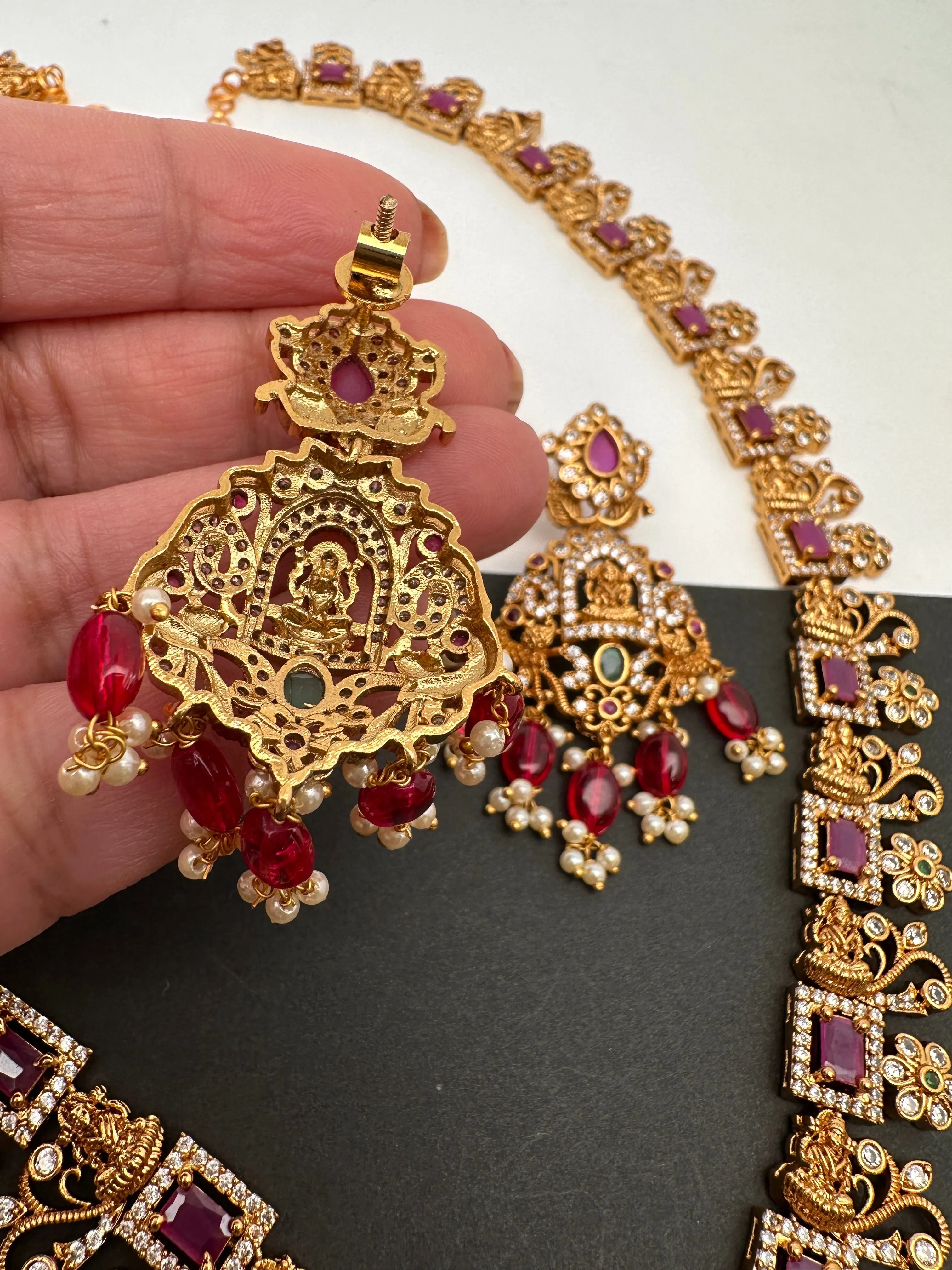 Goddess Lakshmi Red Stone Red beads CZ Matte Finish Necklace