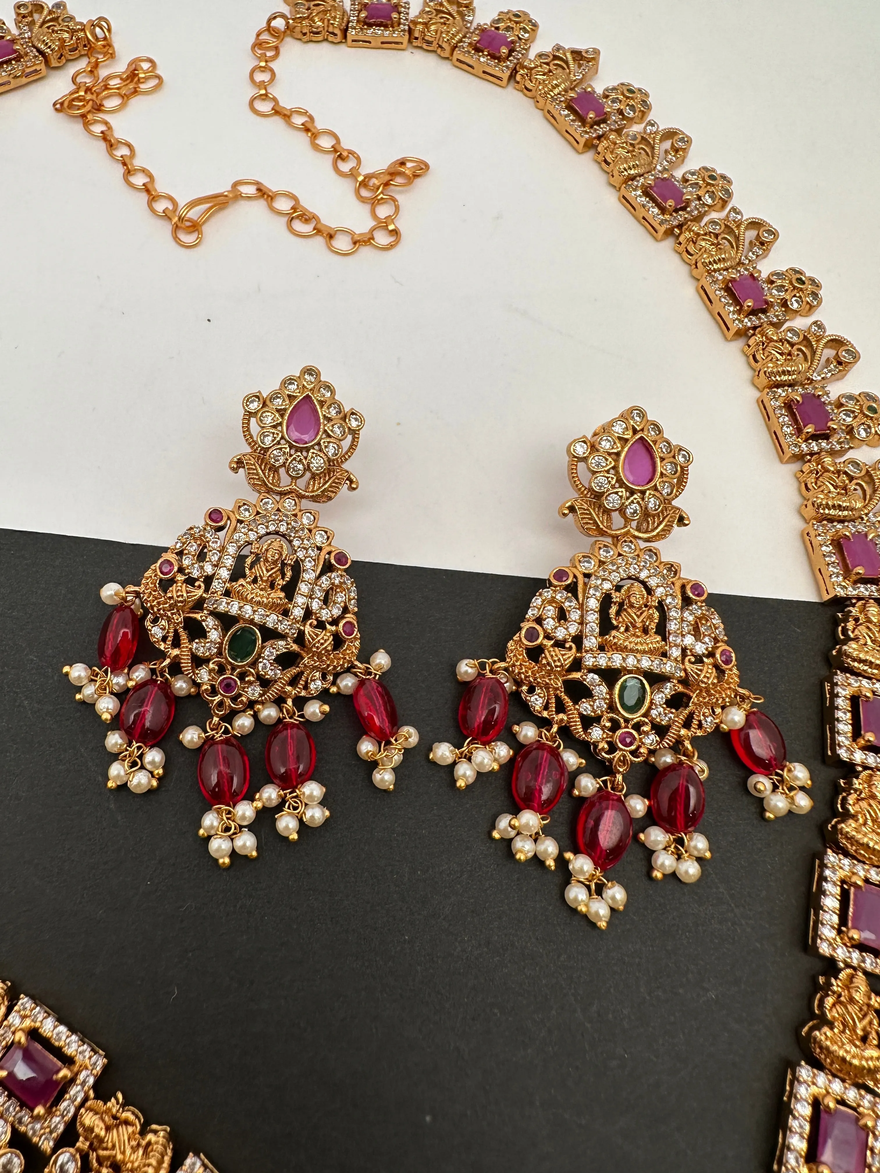 Goddess Lakshmi Red Stone Red beads CZ Matte Finish Necklace
