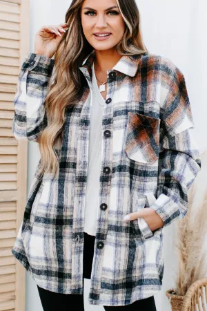 Heading North Oversized Colorblock Plaid Shacket (Camel/Rust)