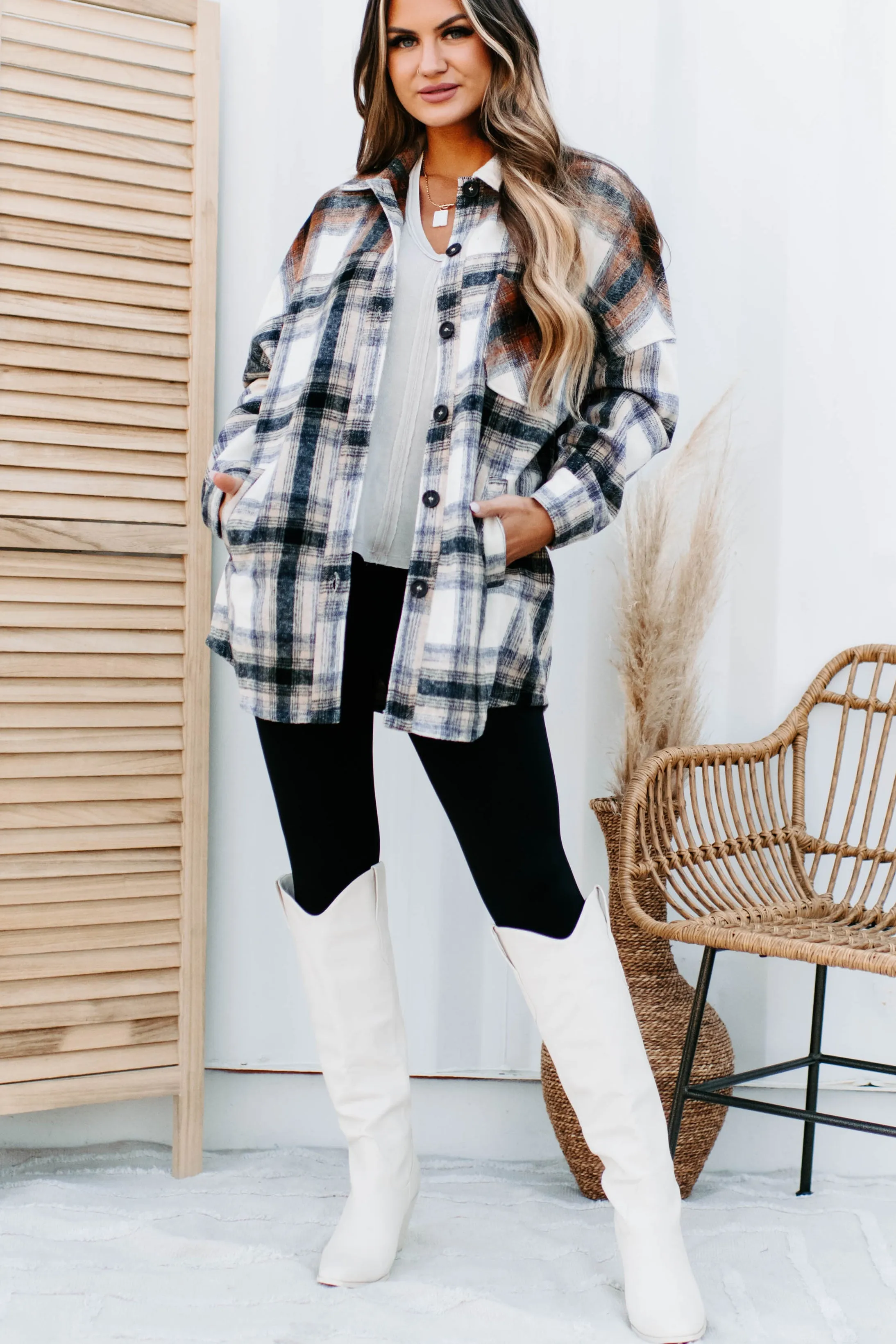 Heading North Oversized Colorblock Plaid Shacket (Camel/Rust)