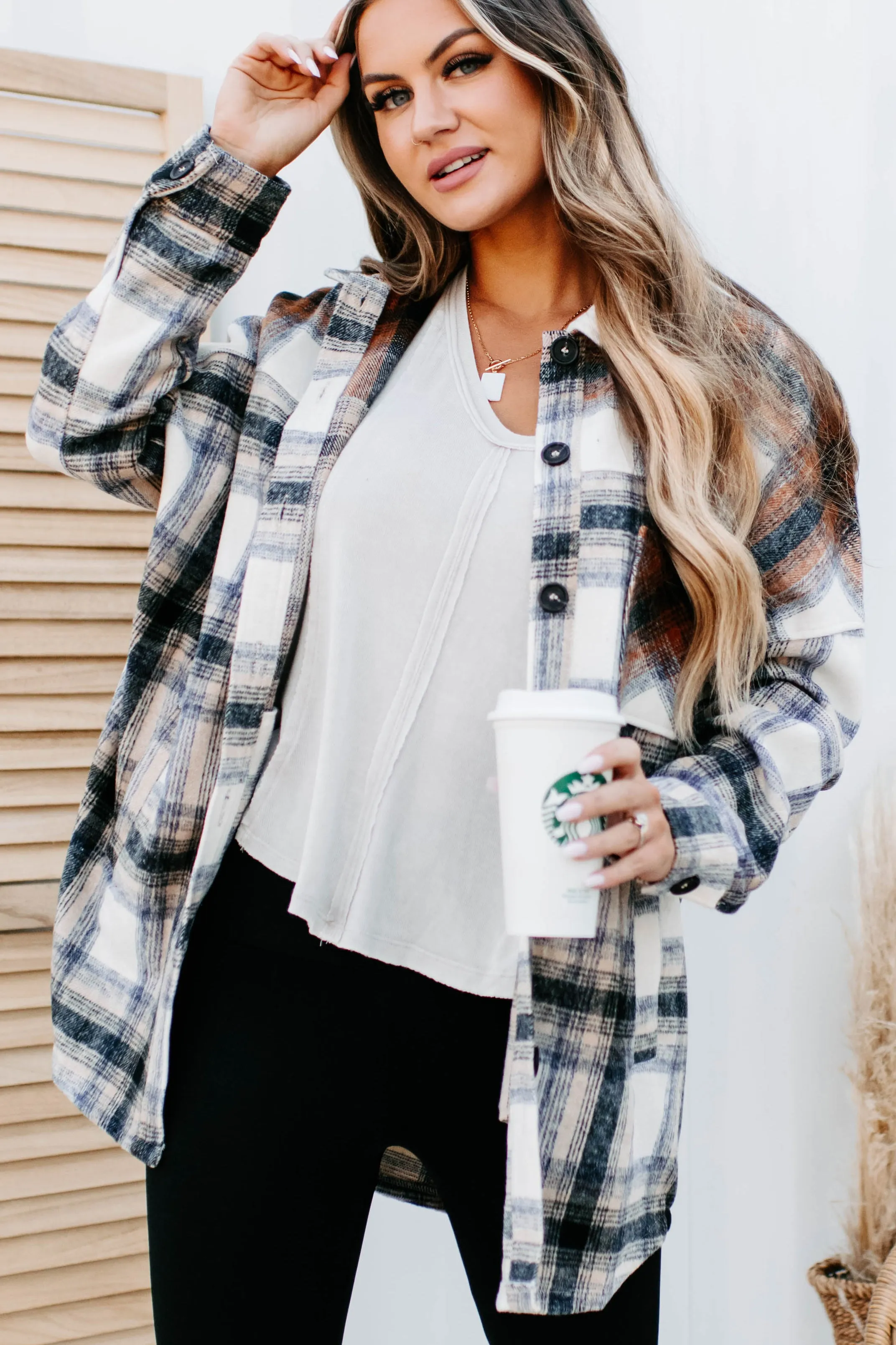 Heading North Oversized Colorblock Plaid Shacket (Camel/Rust)