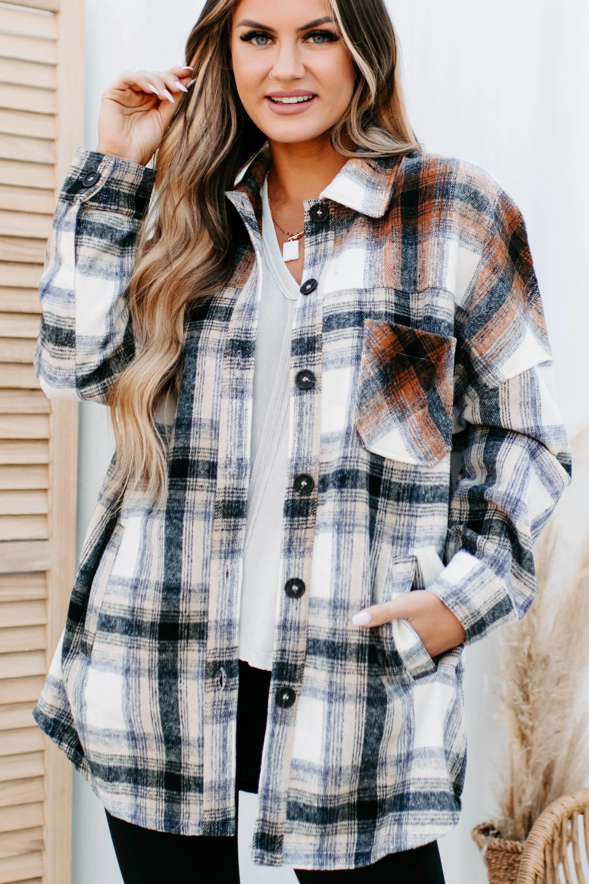 Heading North Oversized Colorblock Plaid Shacket (Camel/Rust)