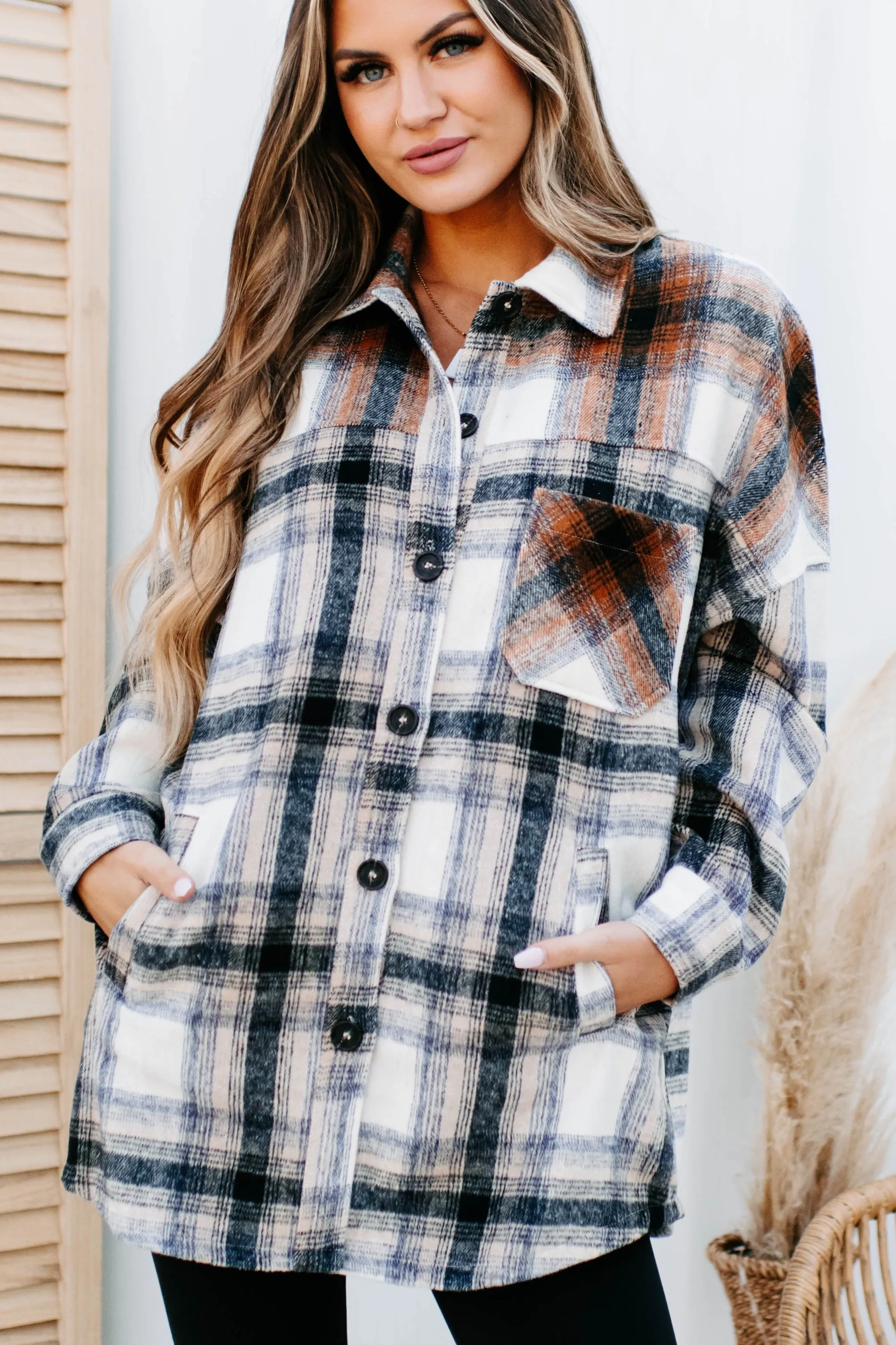 Heading North Oversized Colorblock Plaid Shacket (Camel/Rust)