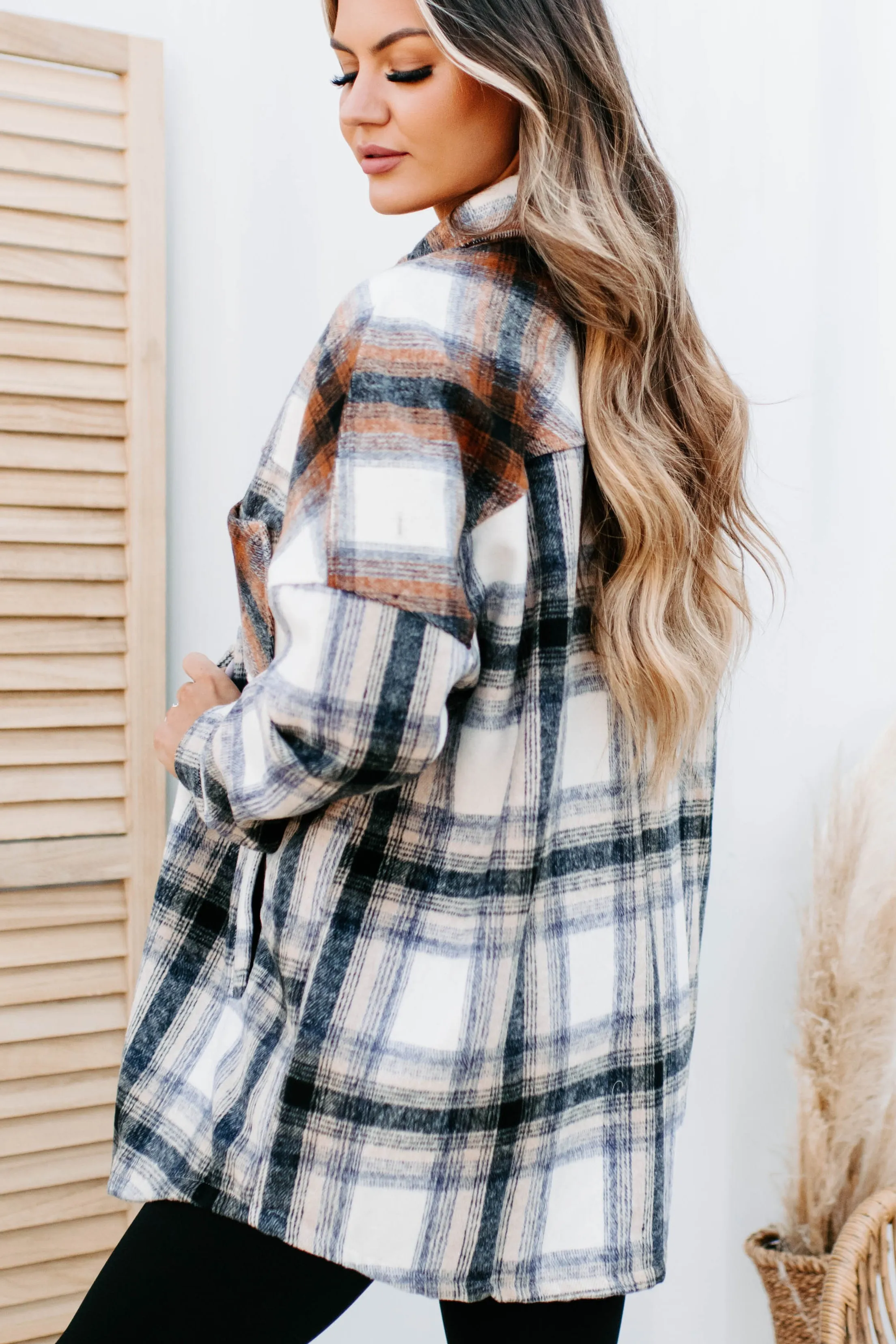 Heading North Oversized Colorblock Plaid Shacket (Camel/Rust)