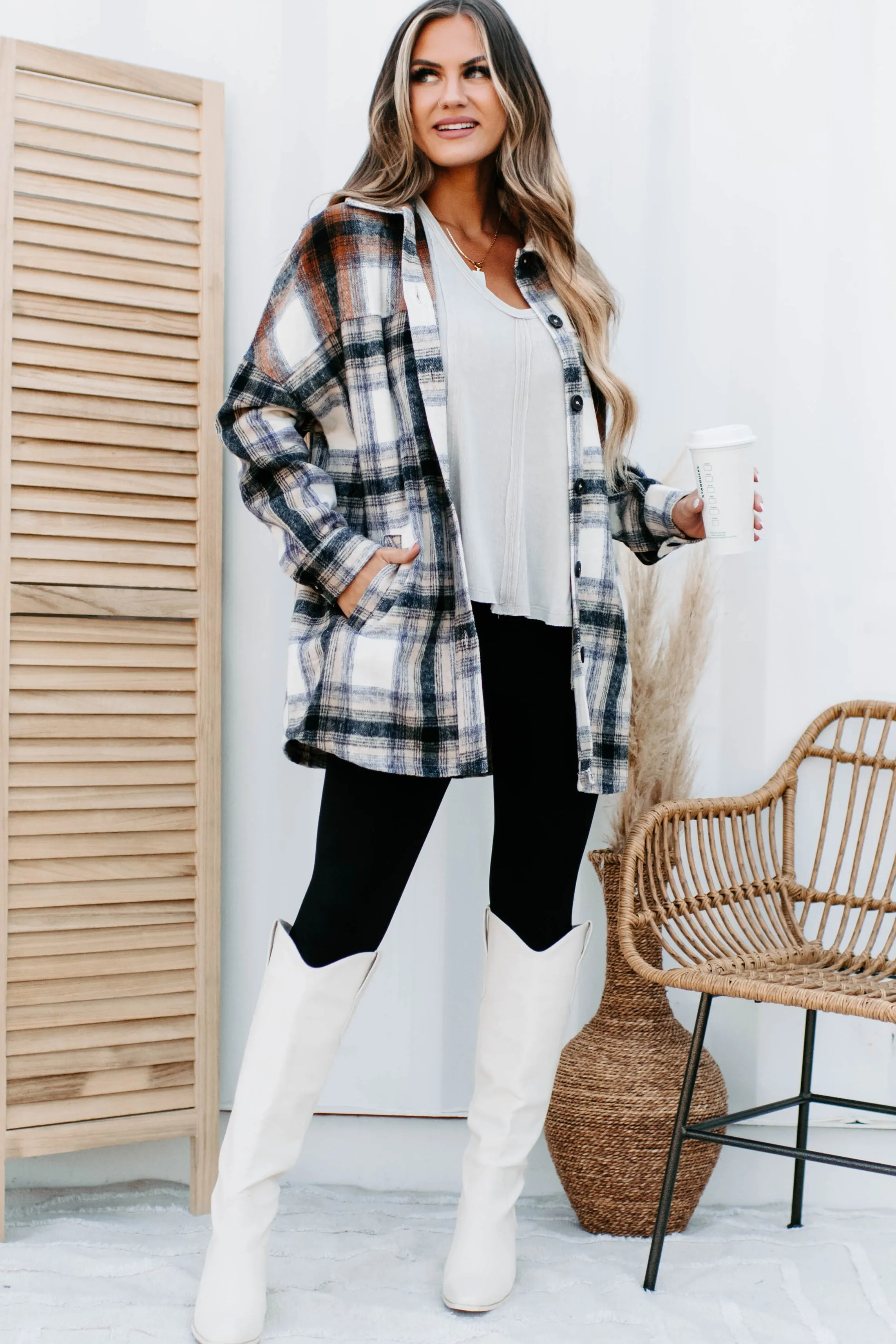 Heading North Oversized Colorblock Plaid Shacket (Camel/Rust)