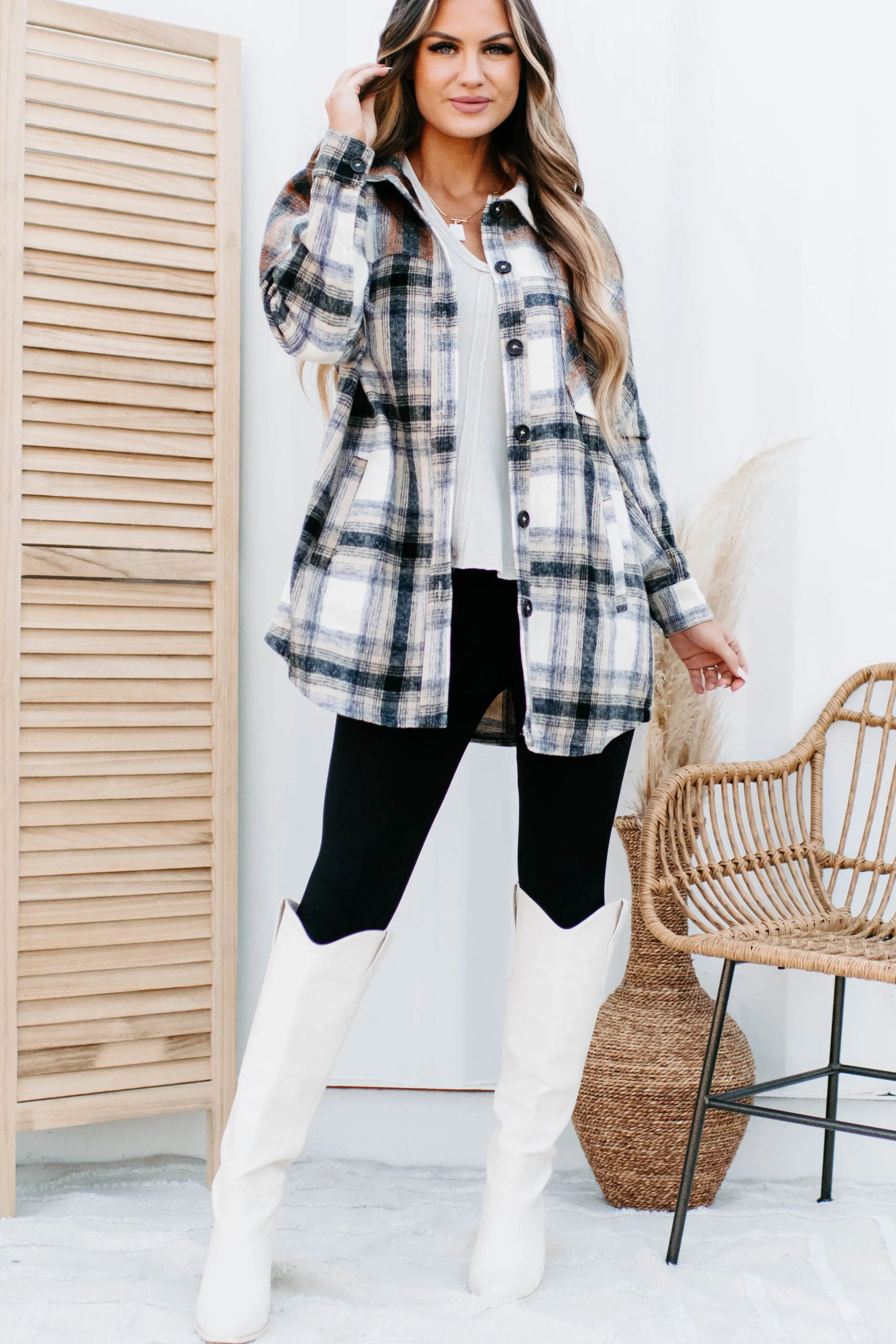 Heading North Oversized Colorblock Plaid Shacket (Camel/Rust)