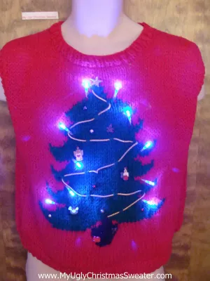 Homemade Knit Tree 80s Light Up Ugly Xmas Sweater Vest