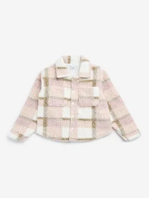 HOP Kids Pink Checks Printed Fleece Jacket