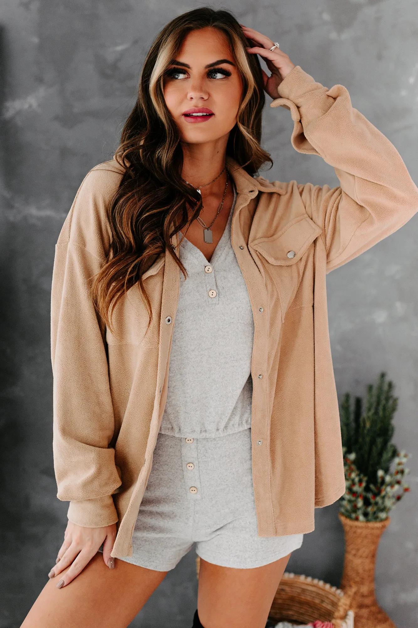 Laid Back Lady Fleece Shacket (Beige)