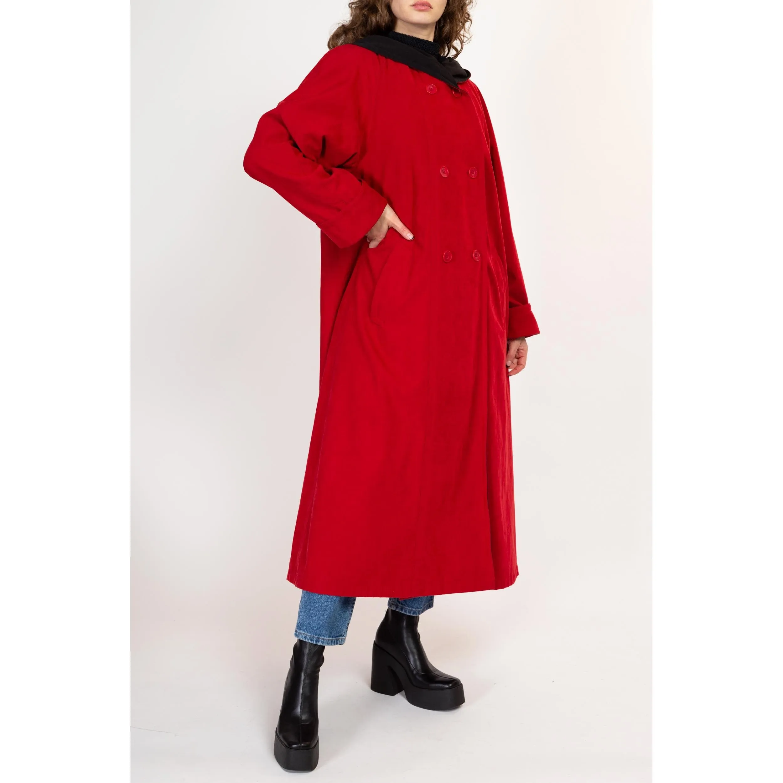 Large 90s Red Ultrasuede Hooded Trench Coat