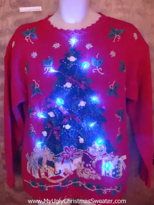 Light Up Red Ugly Xmas Sweater with Huge Tree
