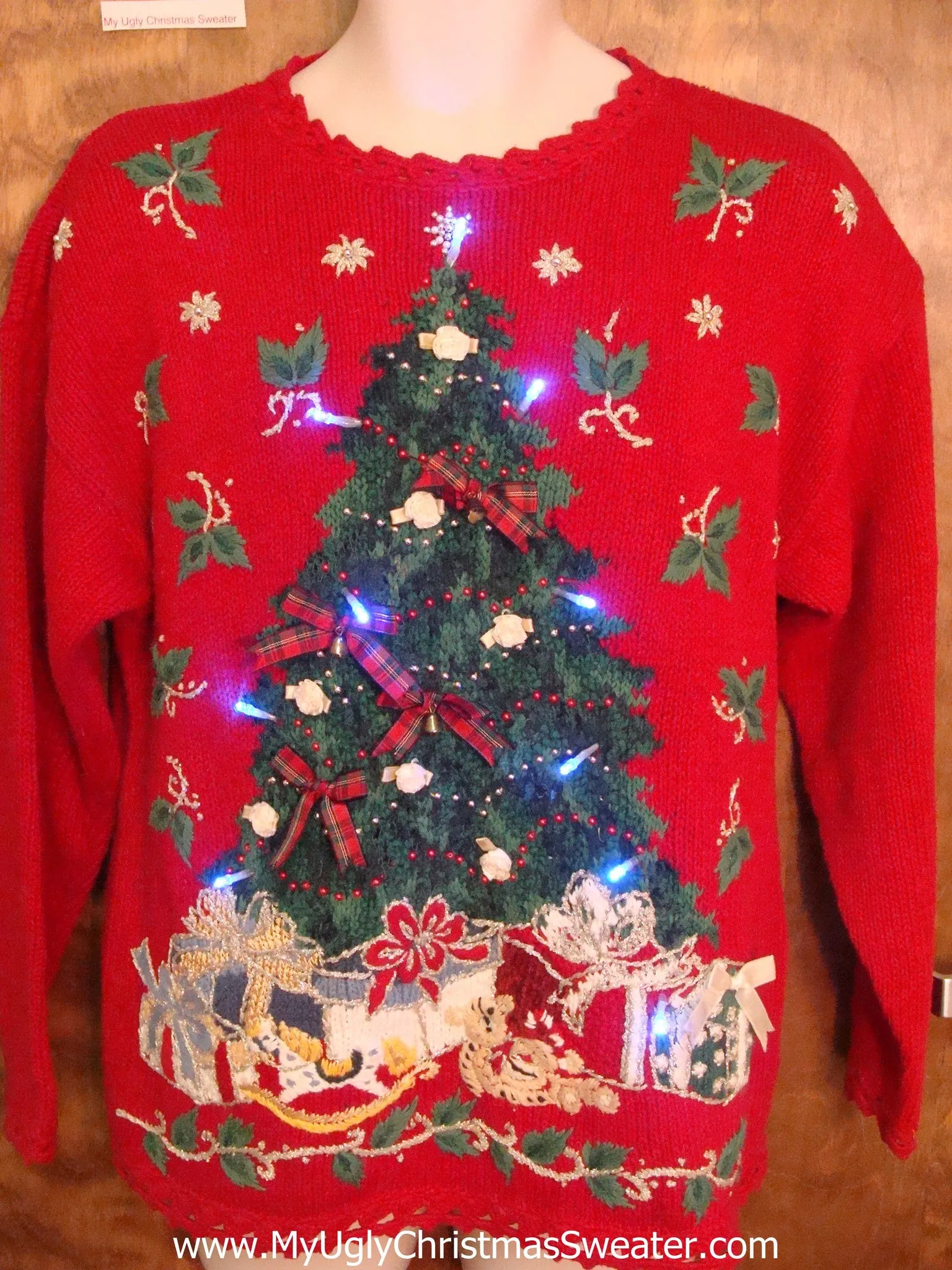 Light Up Red Ugly Xmas Sweater with Huge Tree