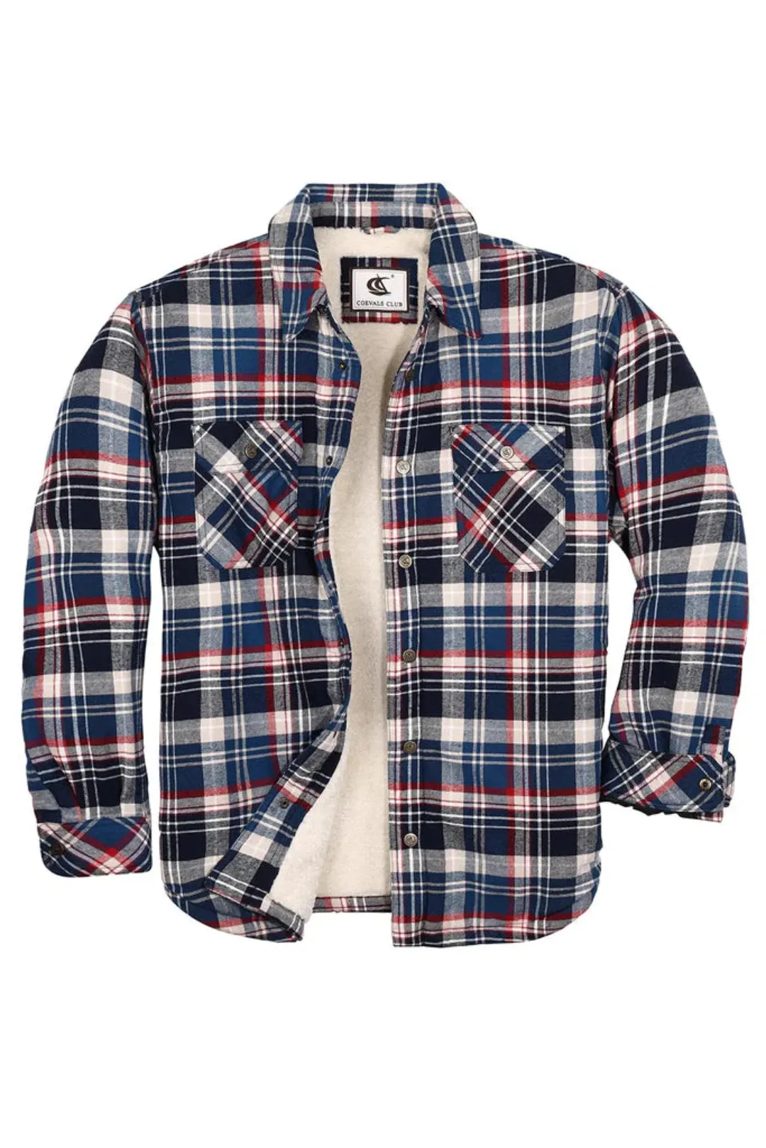 Men's Flannel Jacket, Long Sleeve Checkered Snap Button Cotton Winter Shirt Jacket, Blue White- L