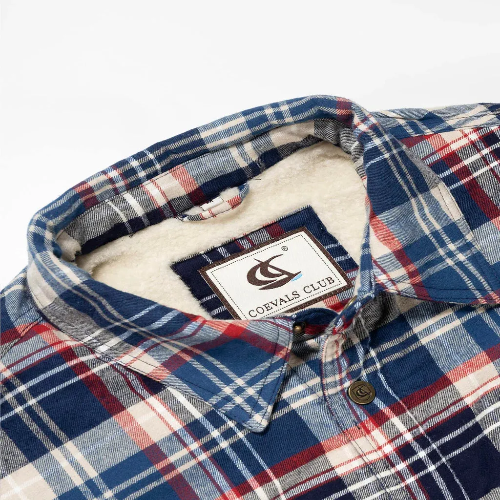 Men's Flannel Jacket, Long Sleeve Checkered Snap Button Cotton Winter Shirt Jacket, Blue White- L