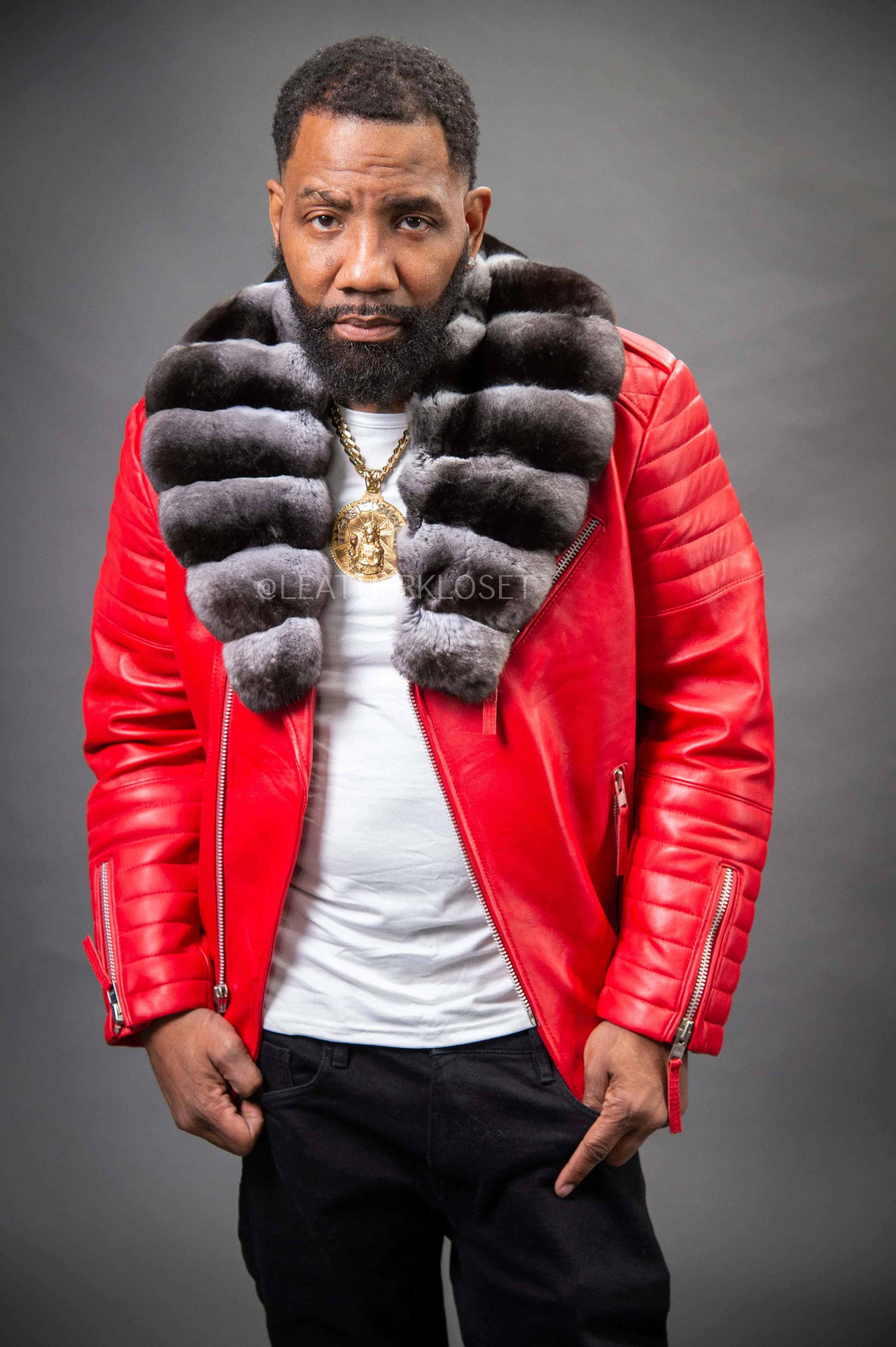 Men's Jay Biker Red Real Chinchilla Collar [Grey Chinchilla]