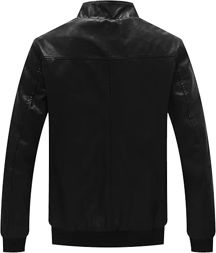 MEN'S STAND COLLAR FLEECE LINED BOMBER LEATHER JACKET - MEN SLIM FIT LEATHER JACKET