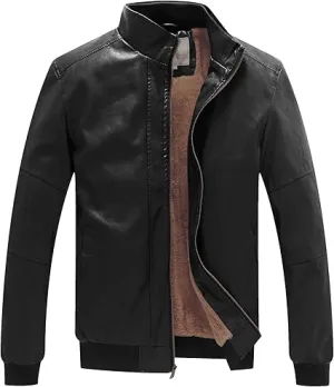 MEN'S STAND COLLAR FLEECE LINED BOMBER LEATHER JACKET - MEN SLIM FIT LEATHER JACKET