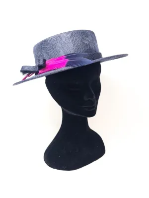 Navy & Pink Short Brim Hat With Feather Quill