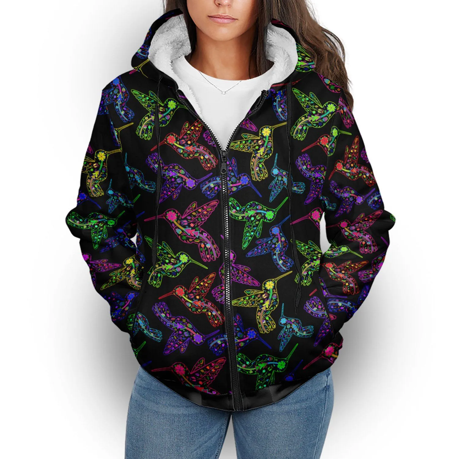 Neon Floral Hummingbird Sherpa Hoodie