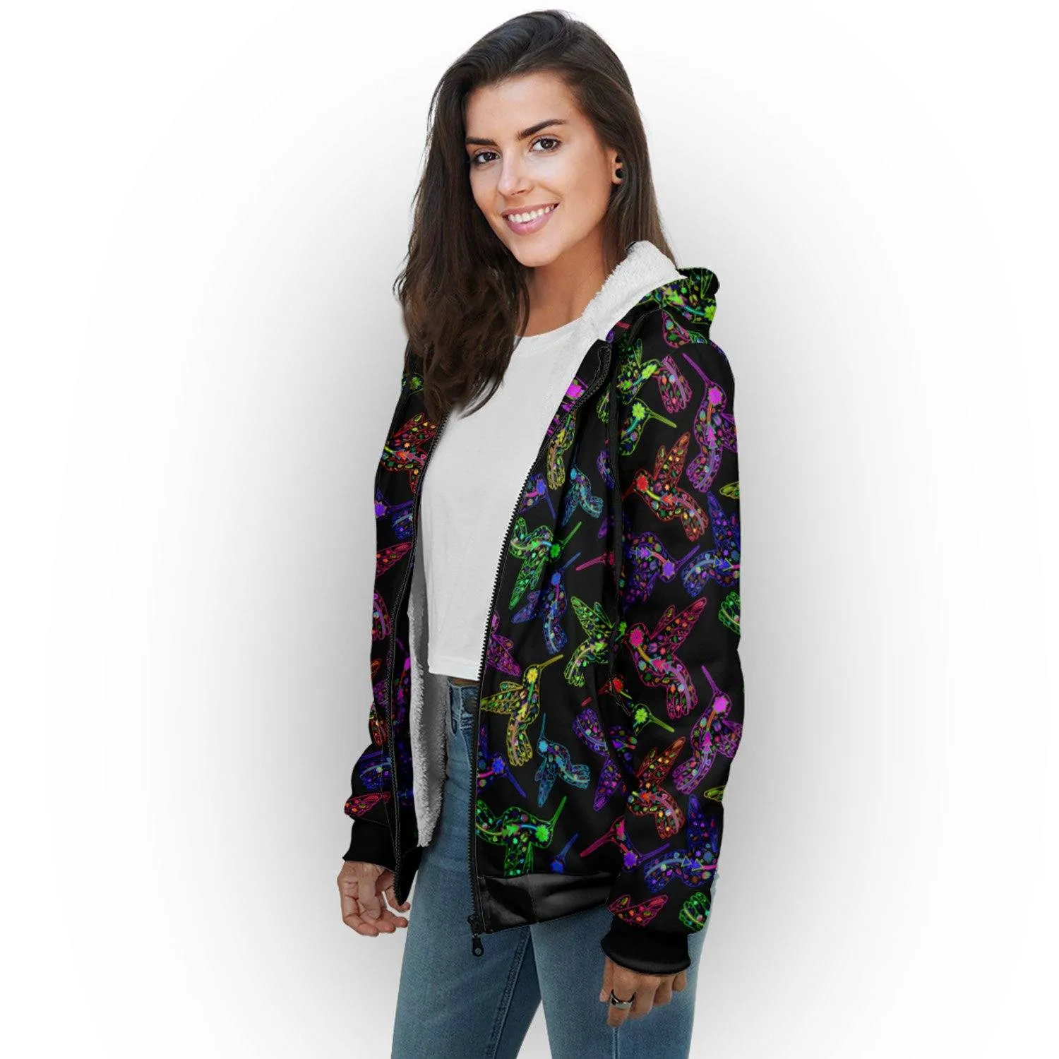 Neon Floral Hummingbird Sherpa Hoodie