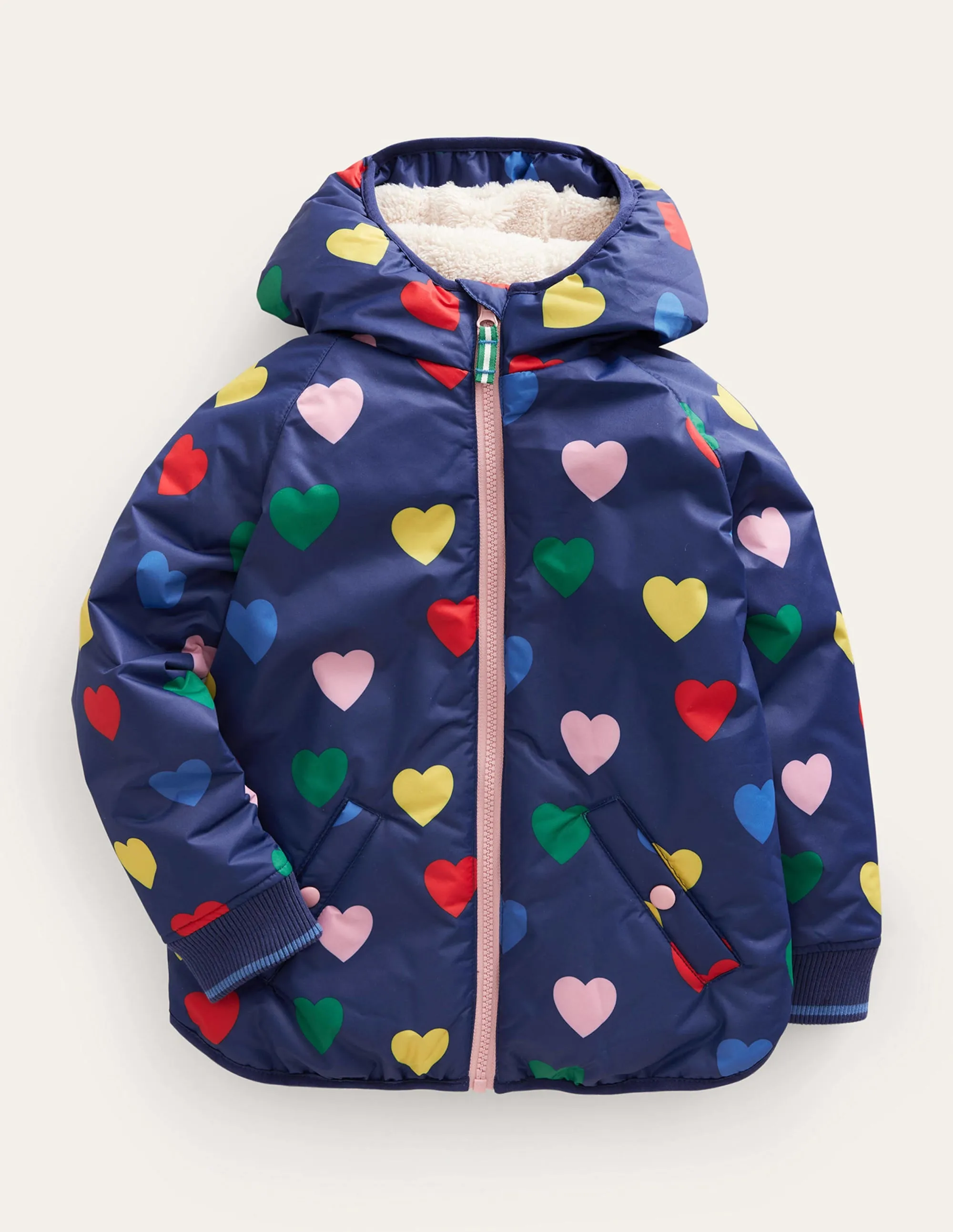 Printed Sherpa Lined Anorak-Navy Hearts