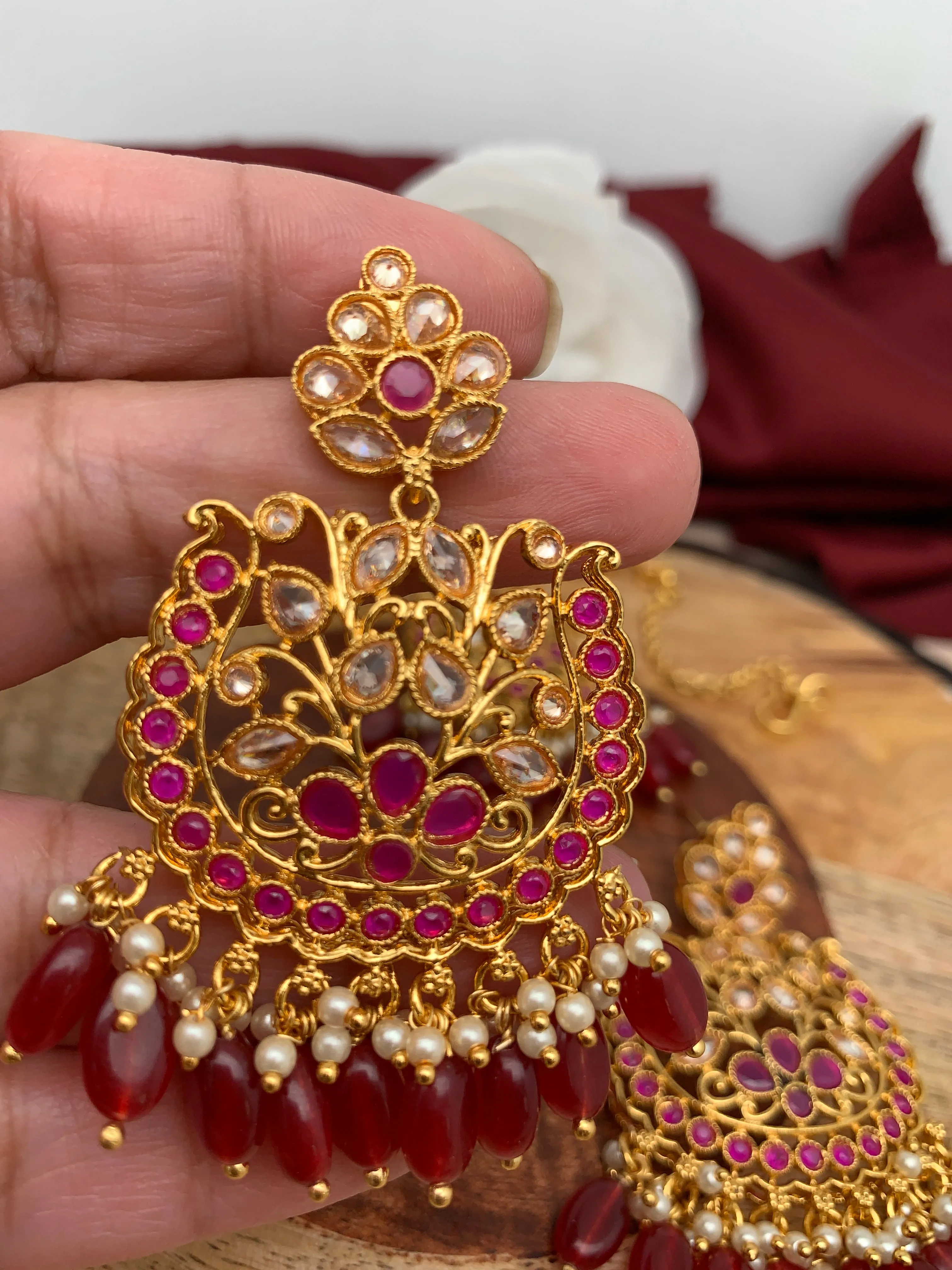 Red Stone Polki Red Beads Earrings with Maang Teeka