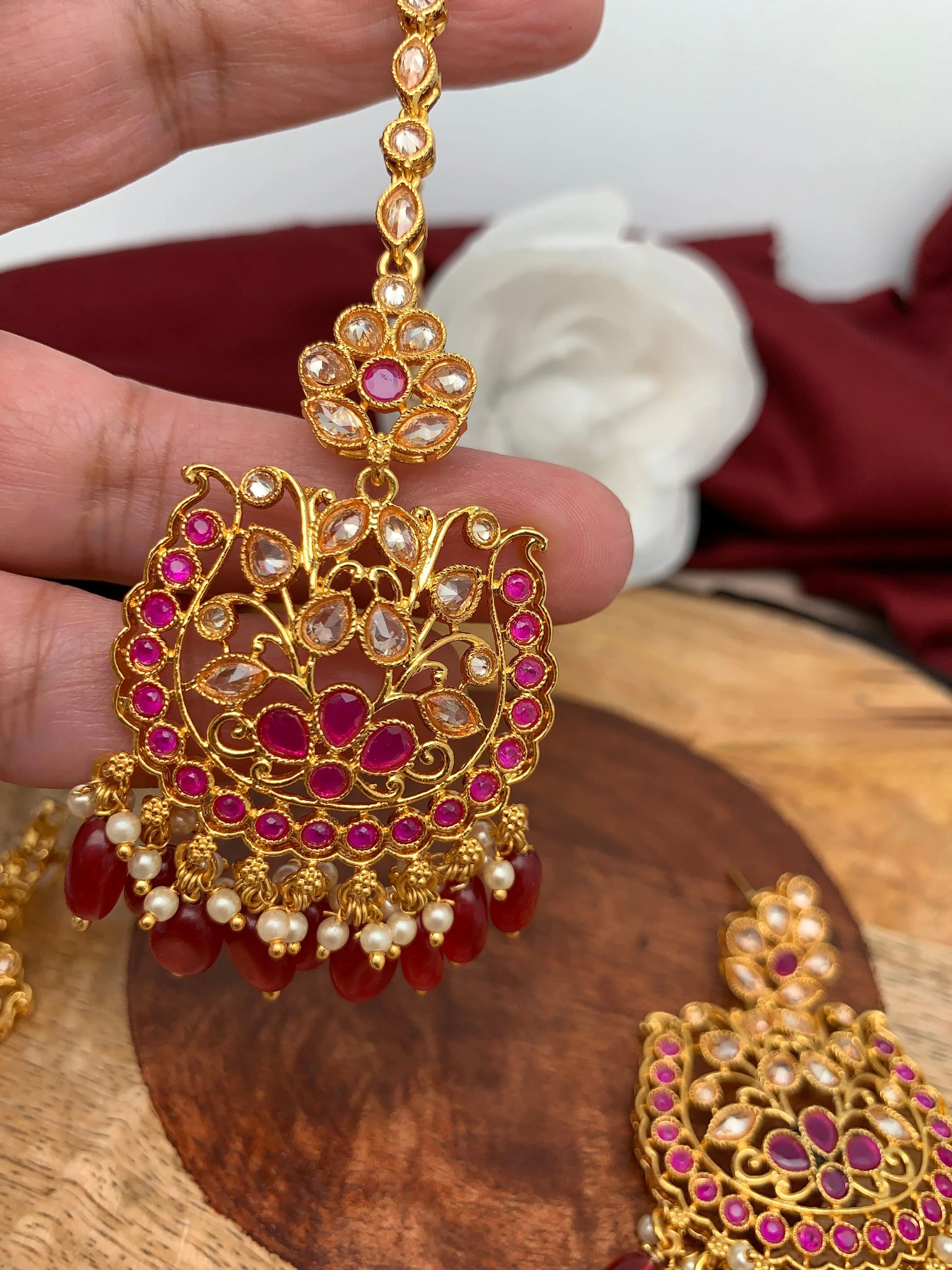 Red Stone Polki Red Beads Earrings with Maang Teeka