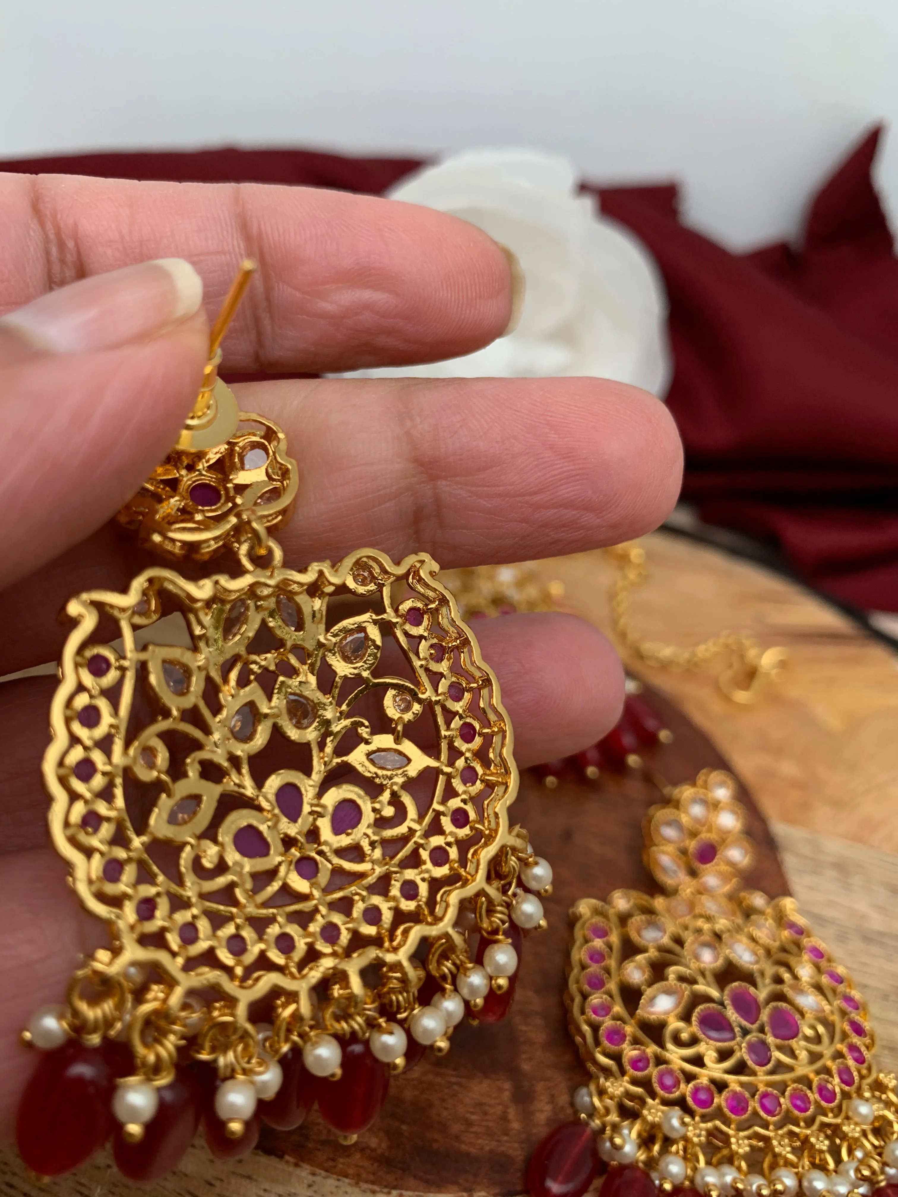 Red Stone Polki Red Beads Earrings with Maang Teeka