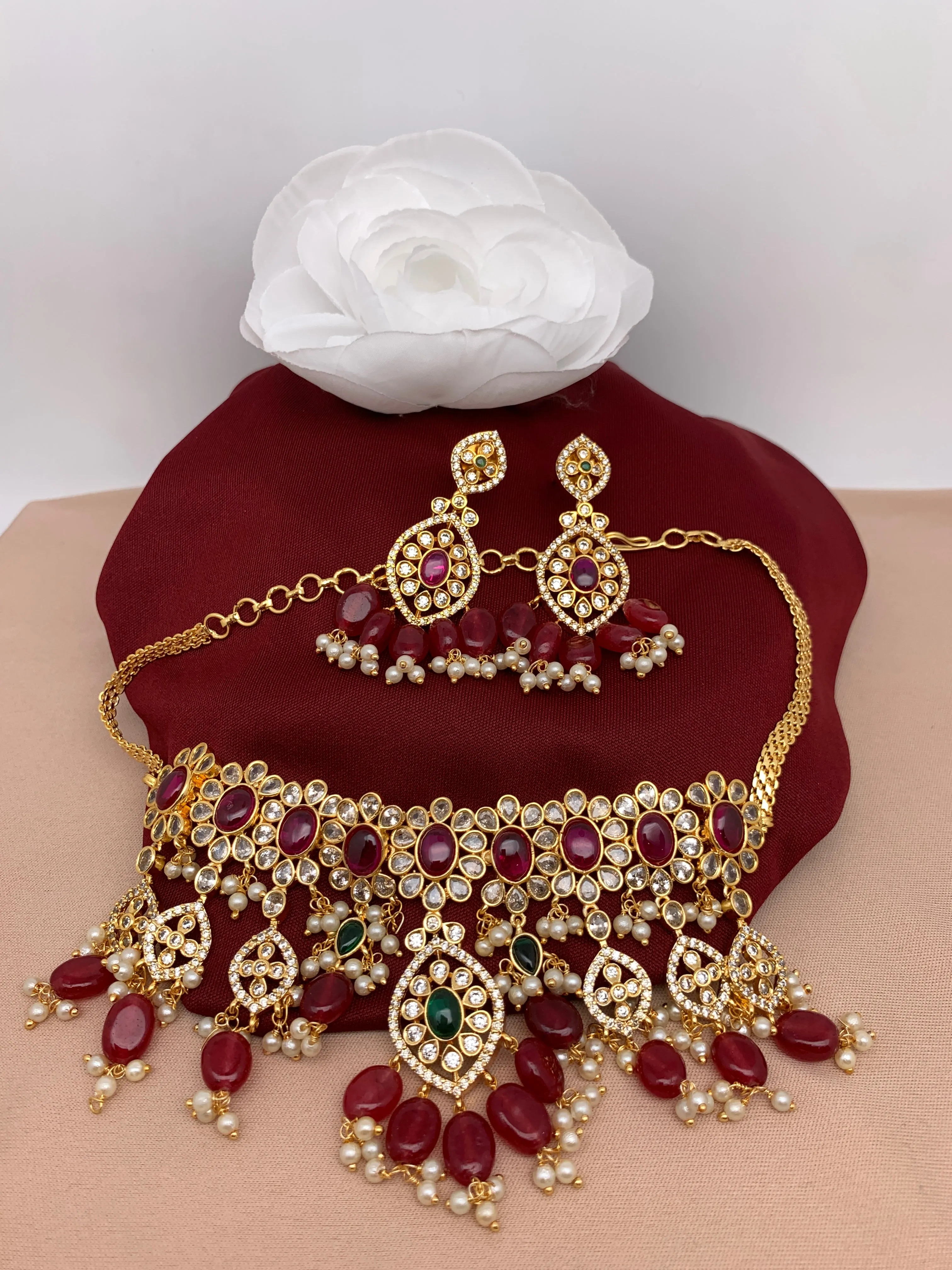 Red Stone Red Monalisa CZ High Neck Choker
