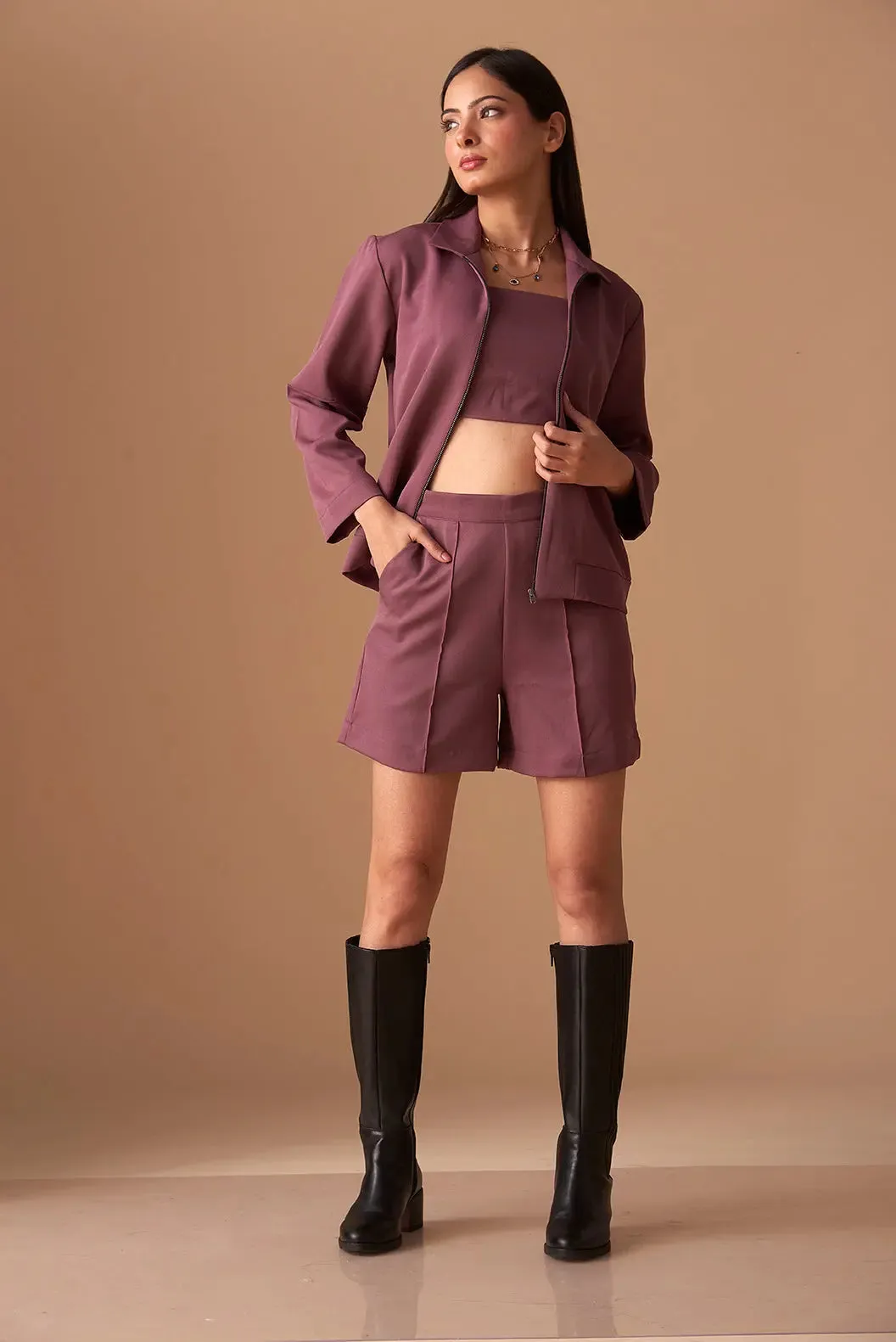 Ruched Top with Shorts and Shacket