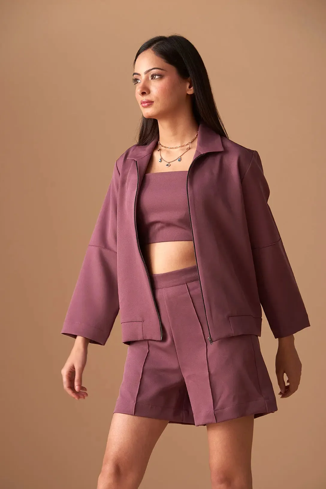 Ruched Top with Shorts and Shacket