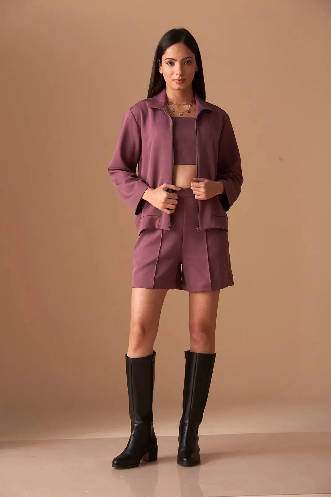 Ruched Top with Shorts and Shacket