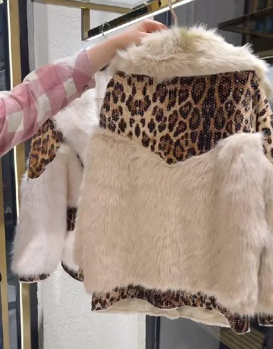 White Leopard Print Fur Coat