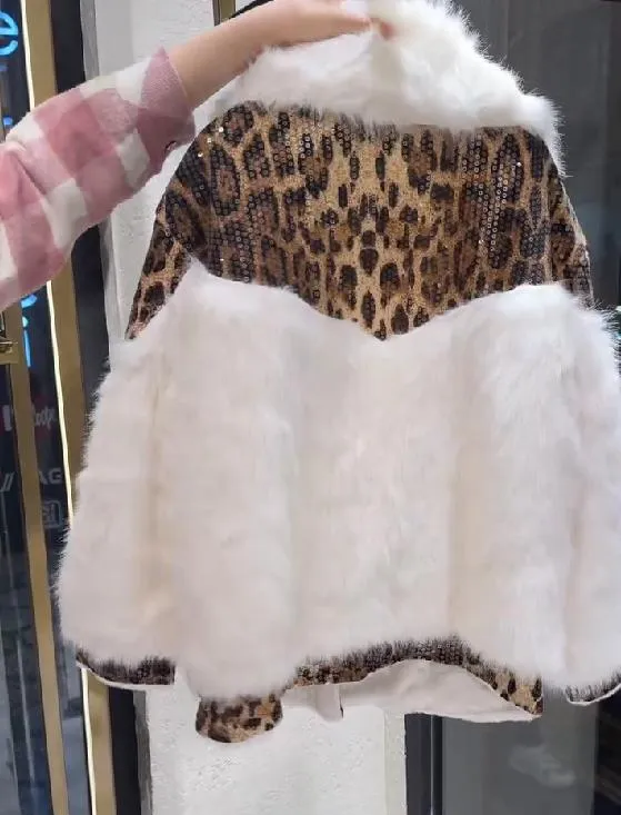 White Leopard Print Fur Coat