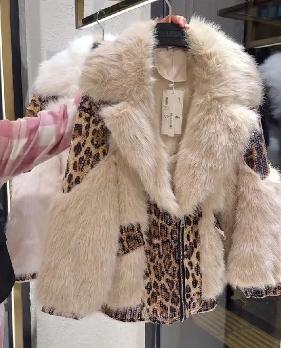 White Leopard Print Fur Coat