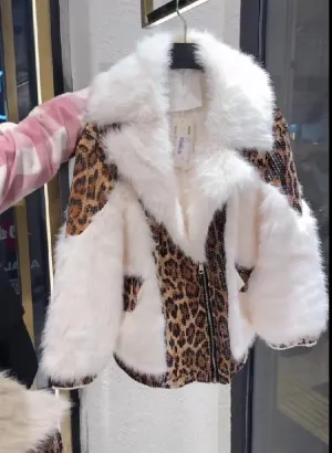 White Leopard Print Fur Coat