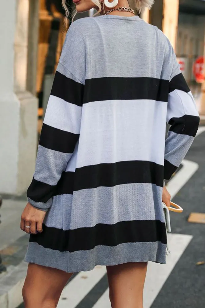 Winter Outfits Grey Color Block Pocketed Open Front Sweater Cardigans