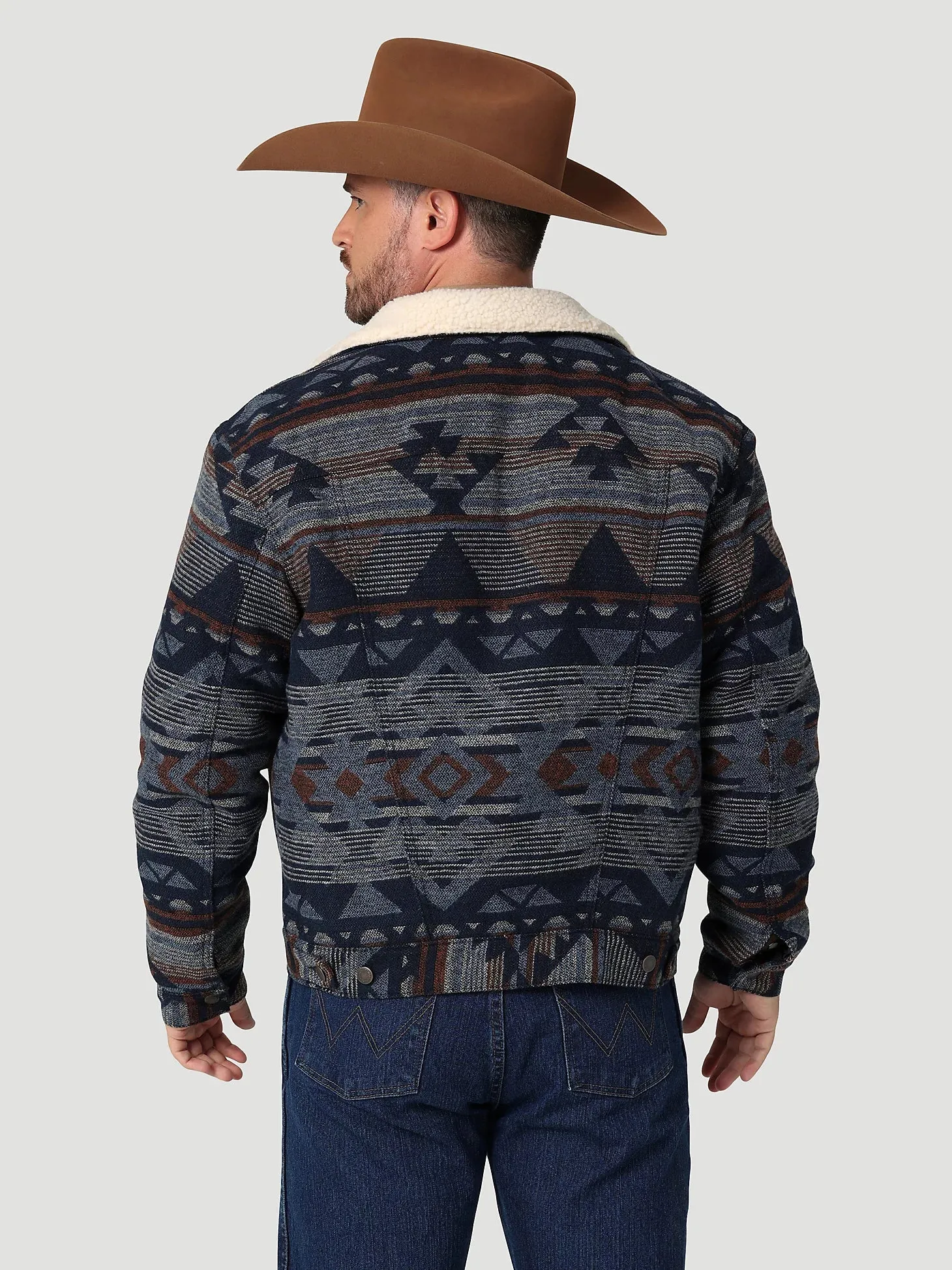 WRANGLER PAGEANT BLUE SHERPA LINED JACQUARD PRINT JACKET