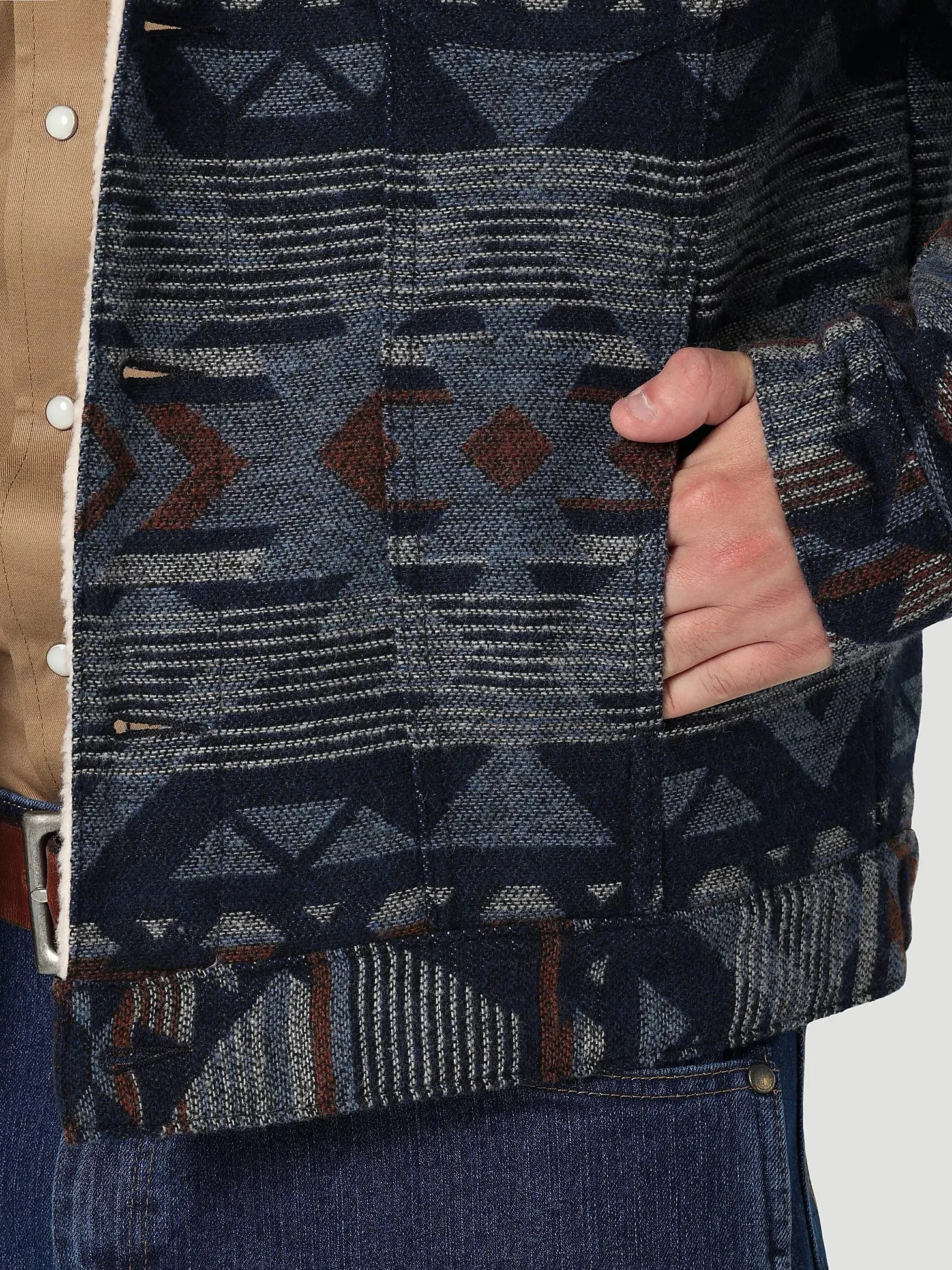 WRANGLER PAGEANT BLUE SHERPA LINED JACQUARD PRINT JACKET