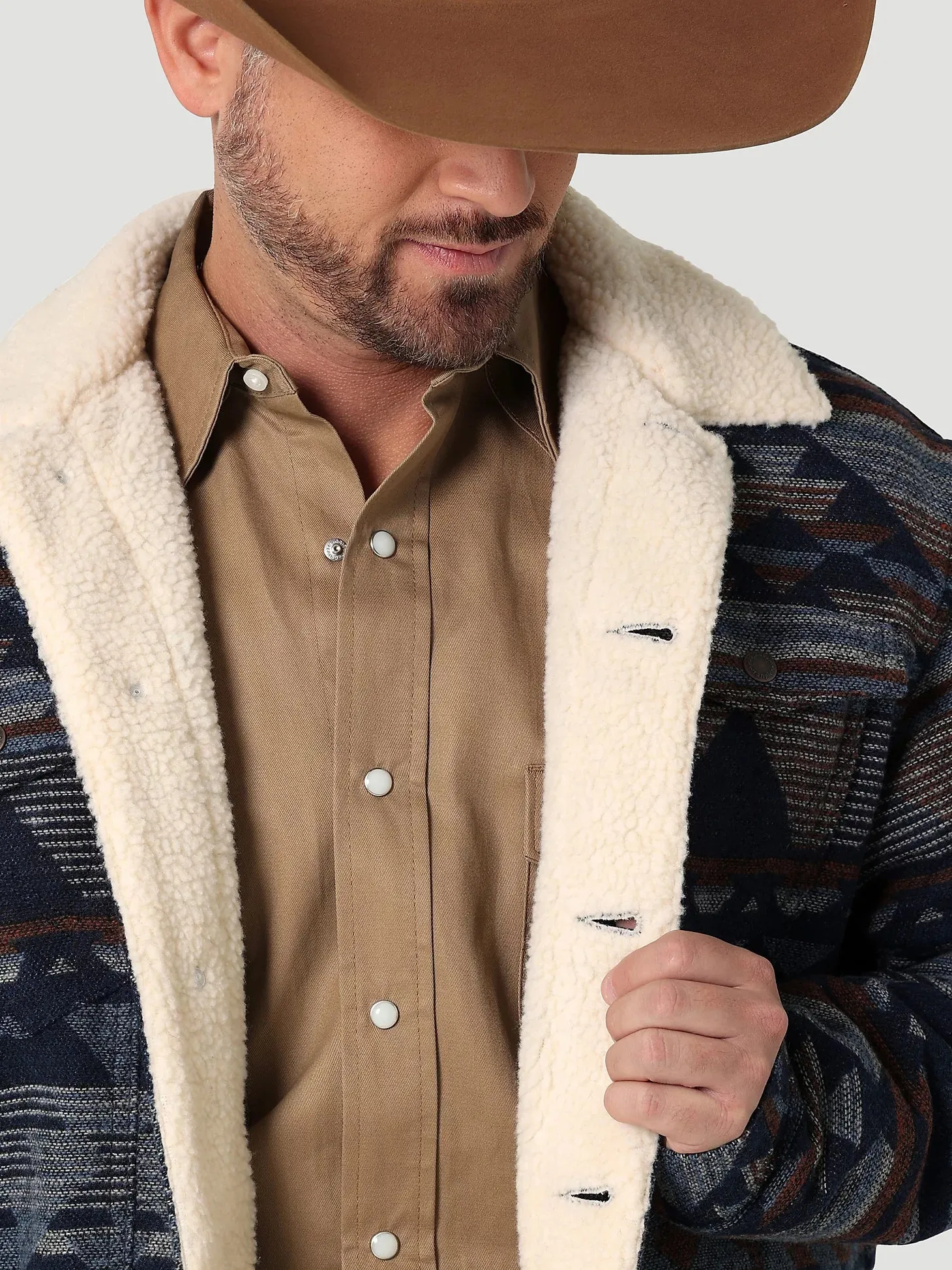 WRANGLER PAGEANT BLUE SHERPA LINED JACQUARD PRINT JACKET