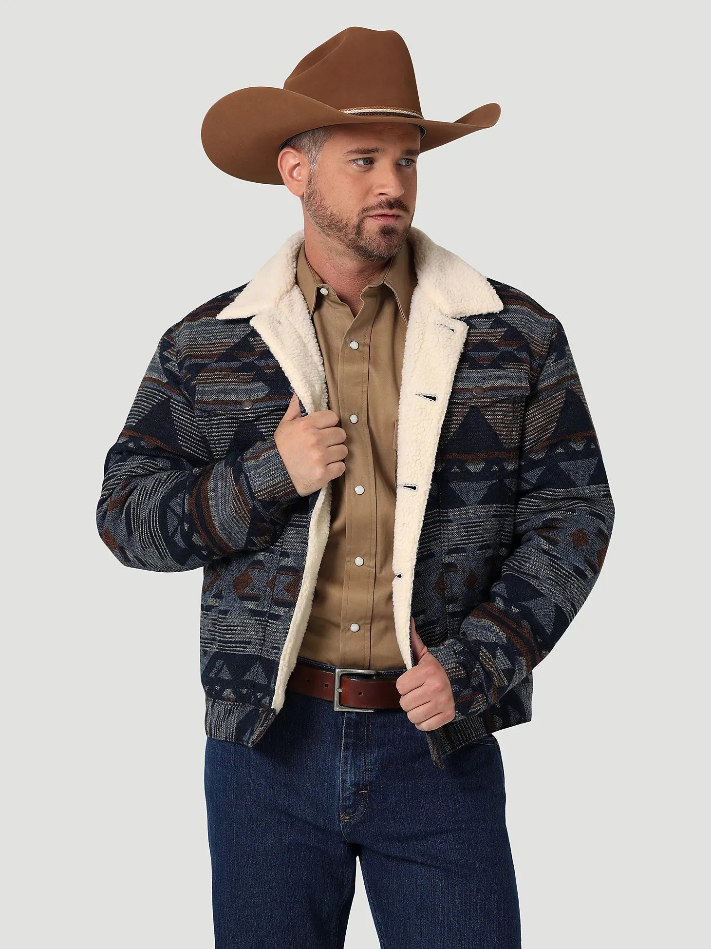 WRANGLER PAGEANT BLUE SHERPA LINED JACQUARD PRINT JACKET